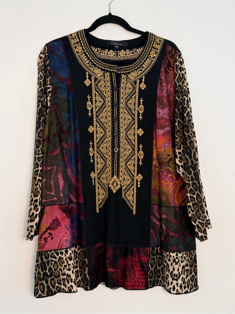 Calesas Women 1X Embroidery Patchwork Tunic Blouse Hippie Paisley Bohemian Style